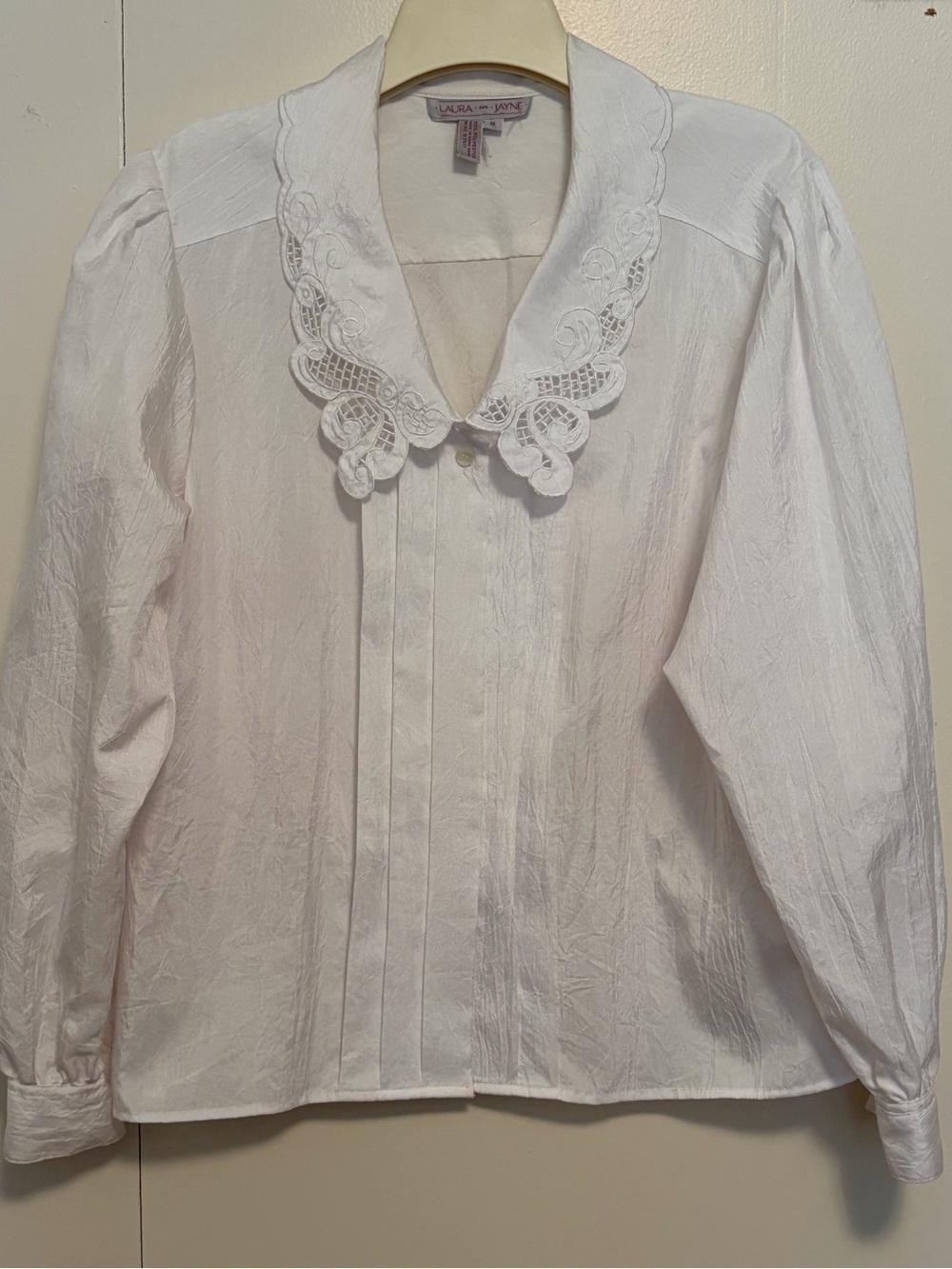 Laura and Jayne White Eyelet Collar Pintuck Blouse - Feminine Long Sleeve